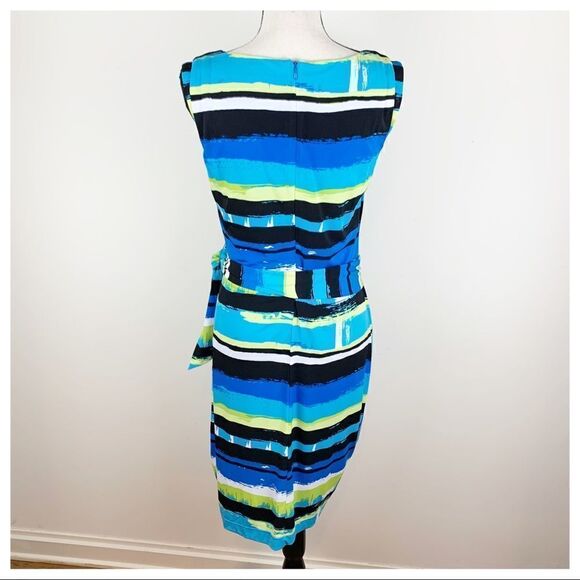 Tahari Bright Blue Multi Striped Side Draped Sleeveless Work Party Dress Sz 8 - Picture 8 of 13